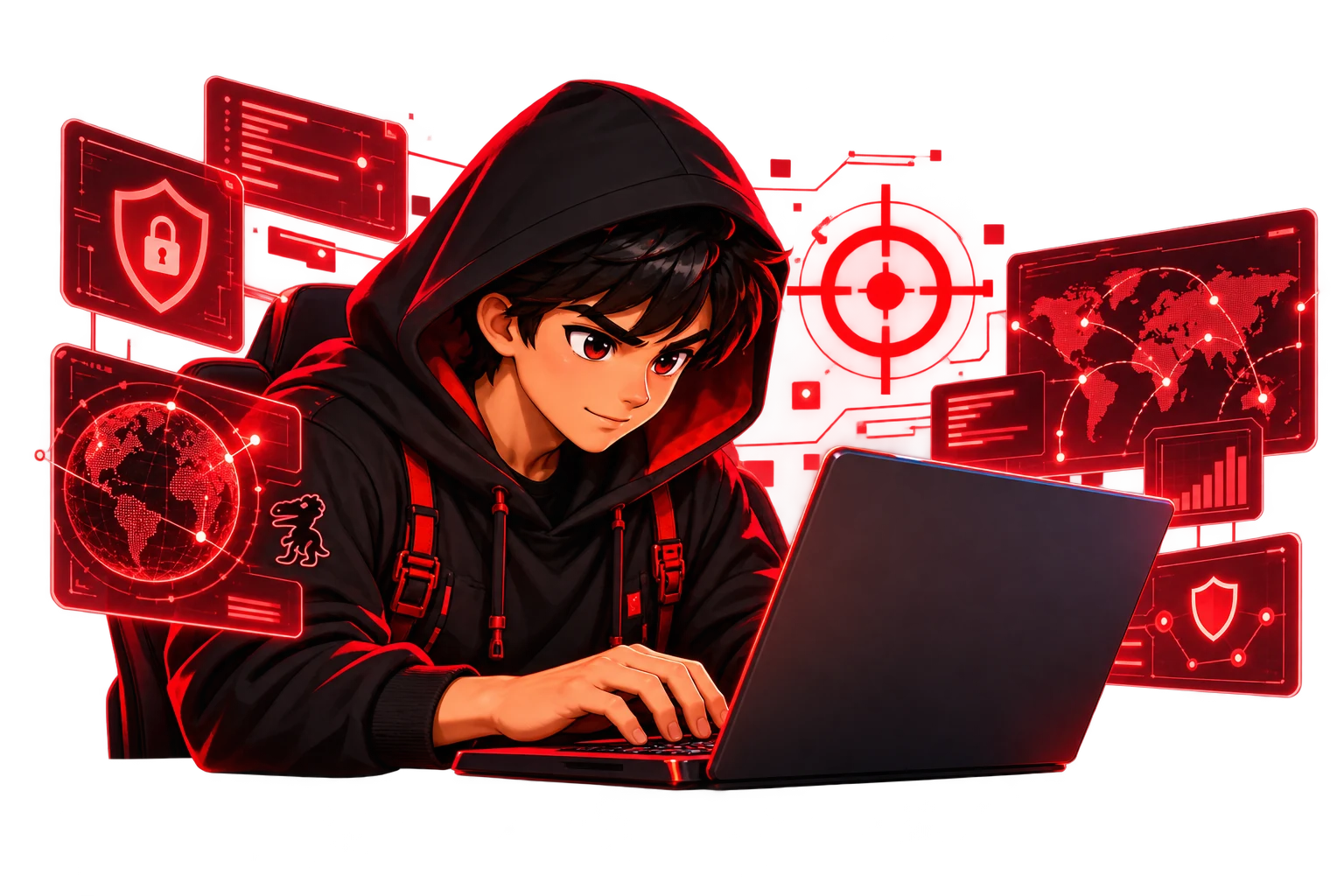 Personagem com capuz preto trabalhando em um laboratório de segurança ofensiva