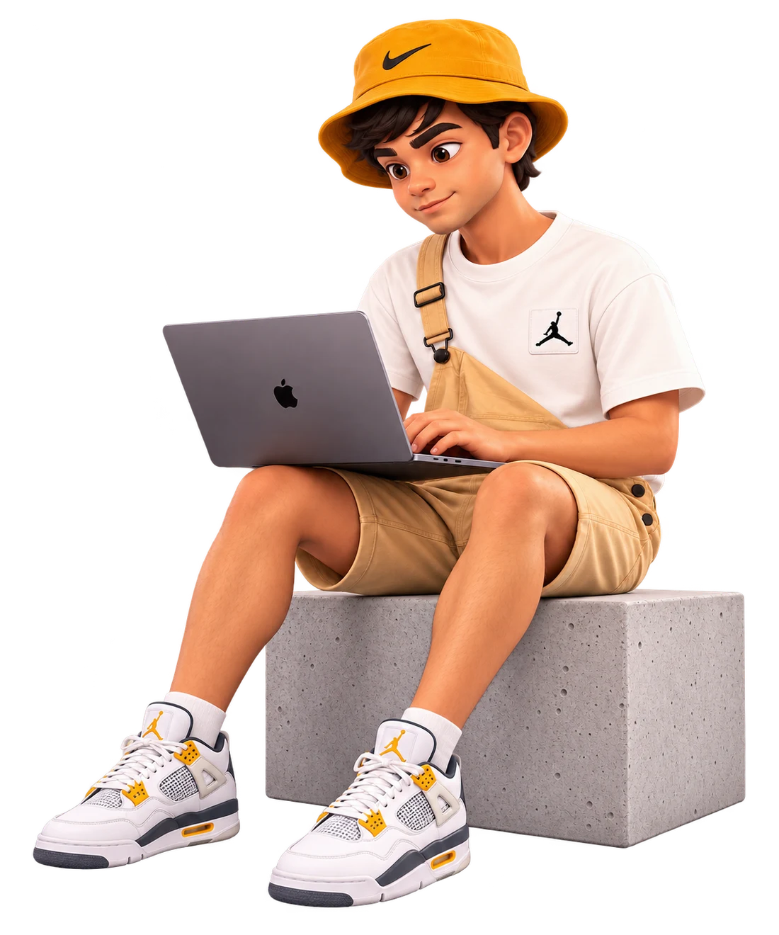 Israel trabalhando no laptop, sentado em um banco de concreto