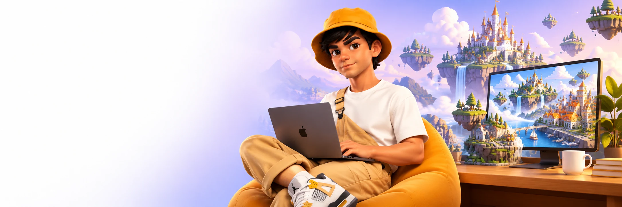 Israel com laptop em um universo de soluções digitais e jogos