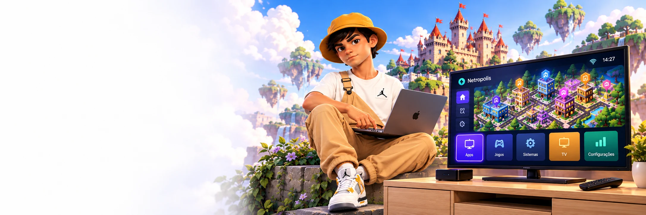 Israel desenvolvendo com seu MacBook ao lado de uma TV com uma aplicação de cidade interativa