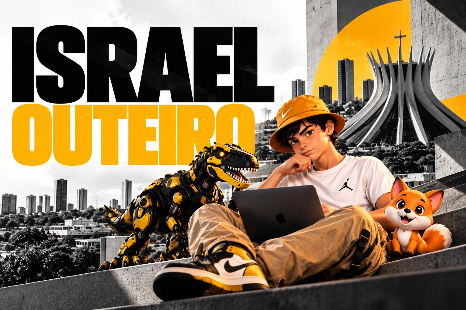 Israel com chapéu amarelo e laptop, acompanhado por uma raposa e um dinossauro robótico, em uma composição editorial com Brasília ao fundo
