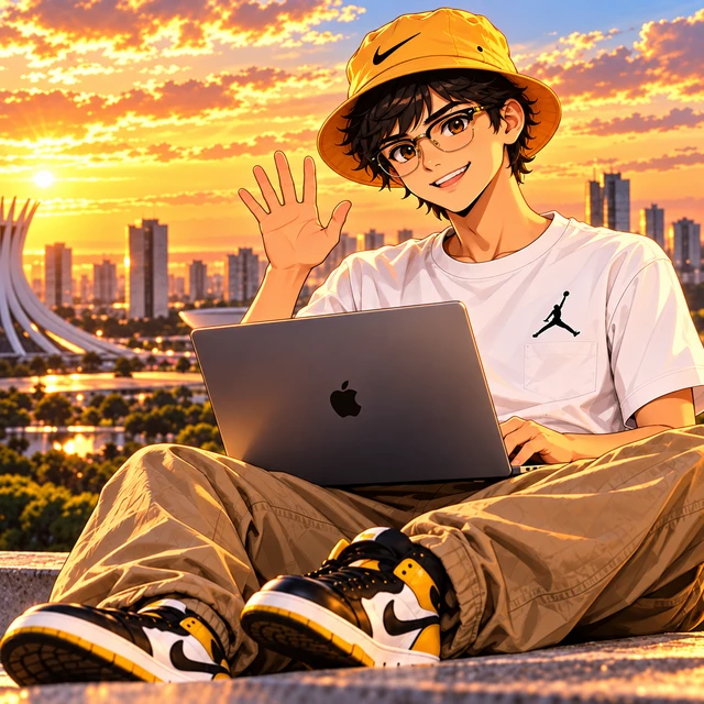 Anime portrait of Israel smiling and waving in Brasília at sunset