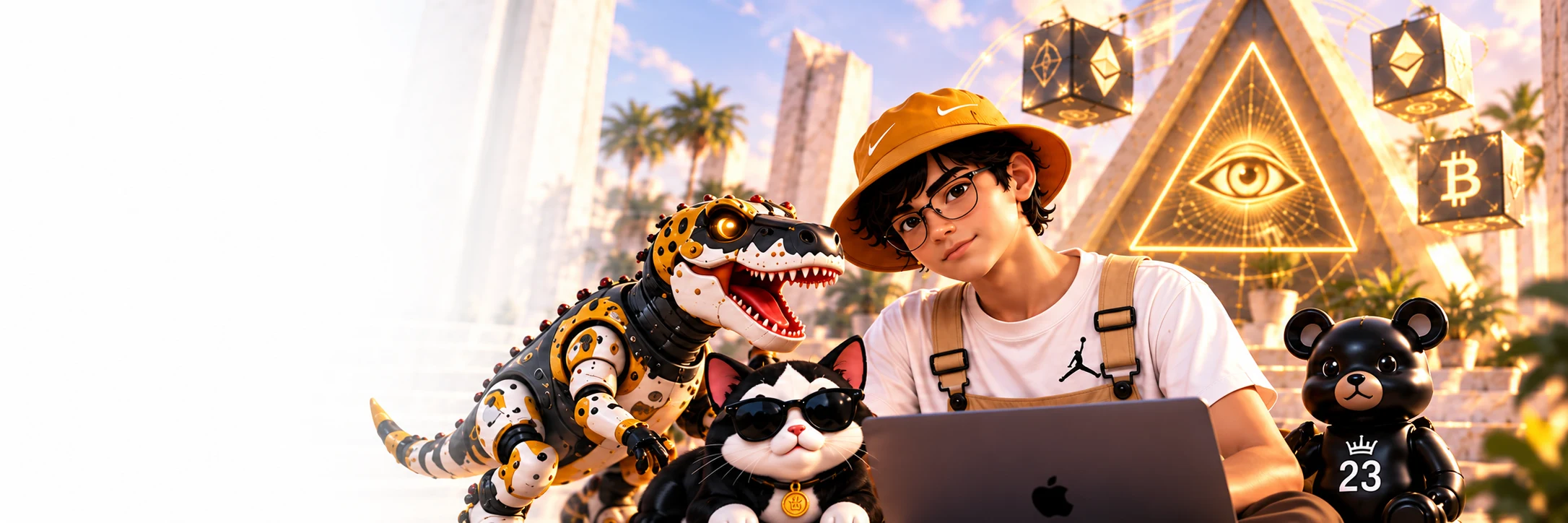 Israel and the brand characters in a studio at sunset