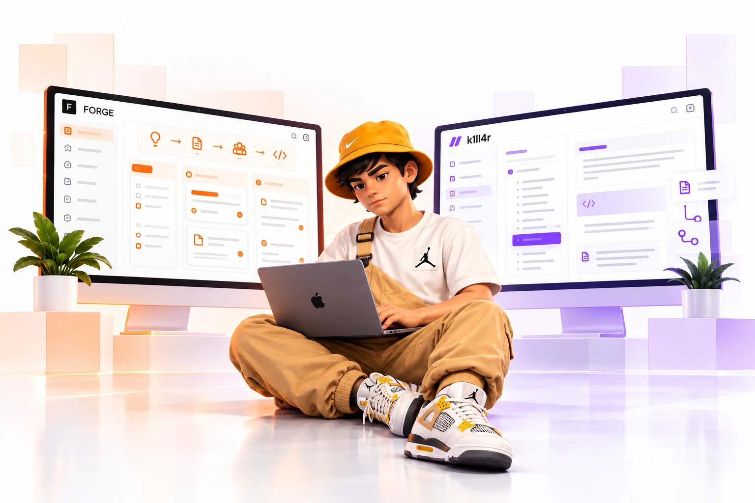Israel com laptop entre interfaces conceituais de Forge e k1ll4r