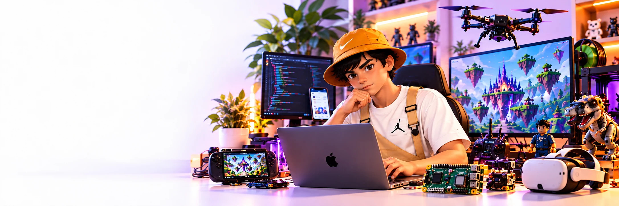 Israel com laptop em um universo de jogos e soluções digitais