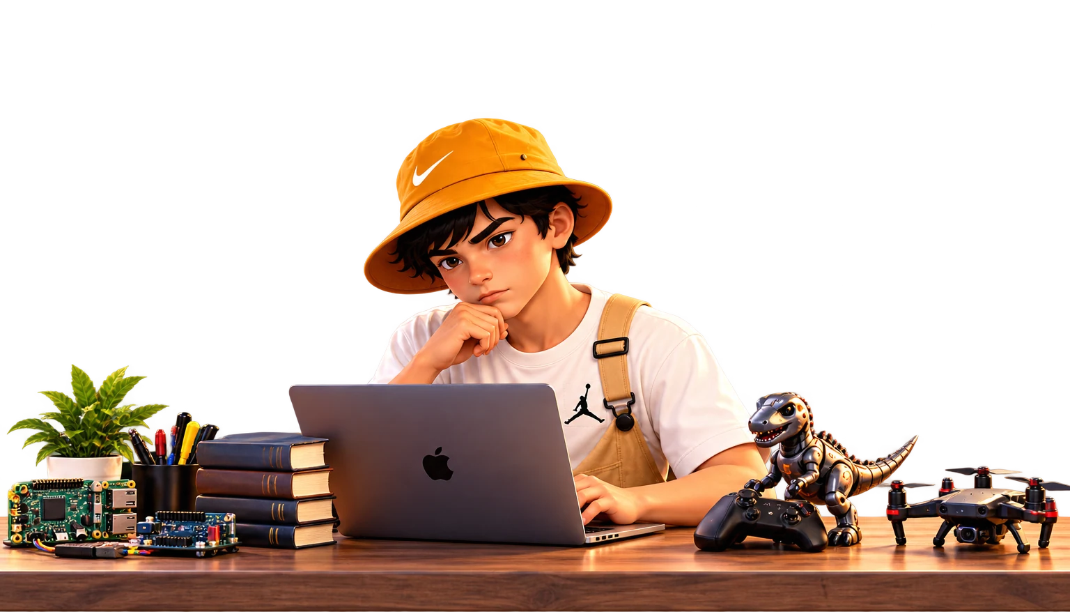Israel com MacBook na mesa de trabalho, cercado por eletrônica, livros e projetos de hardware
