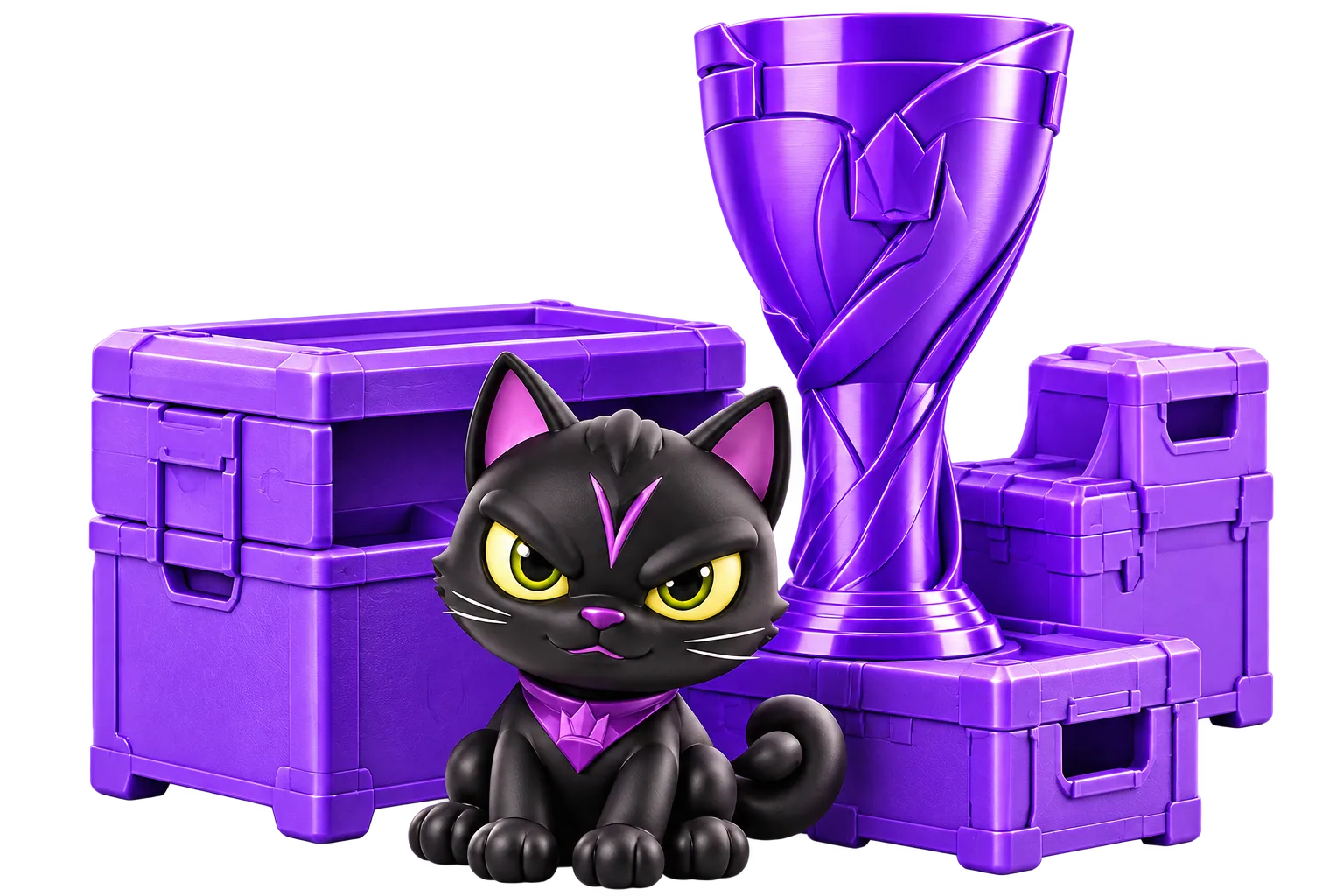 Illustration of 3D products: a trophy and purple boxes with a miniature cat