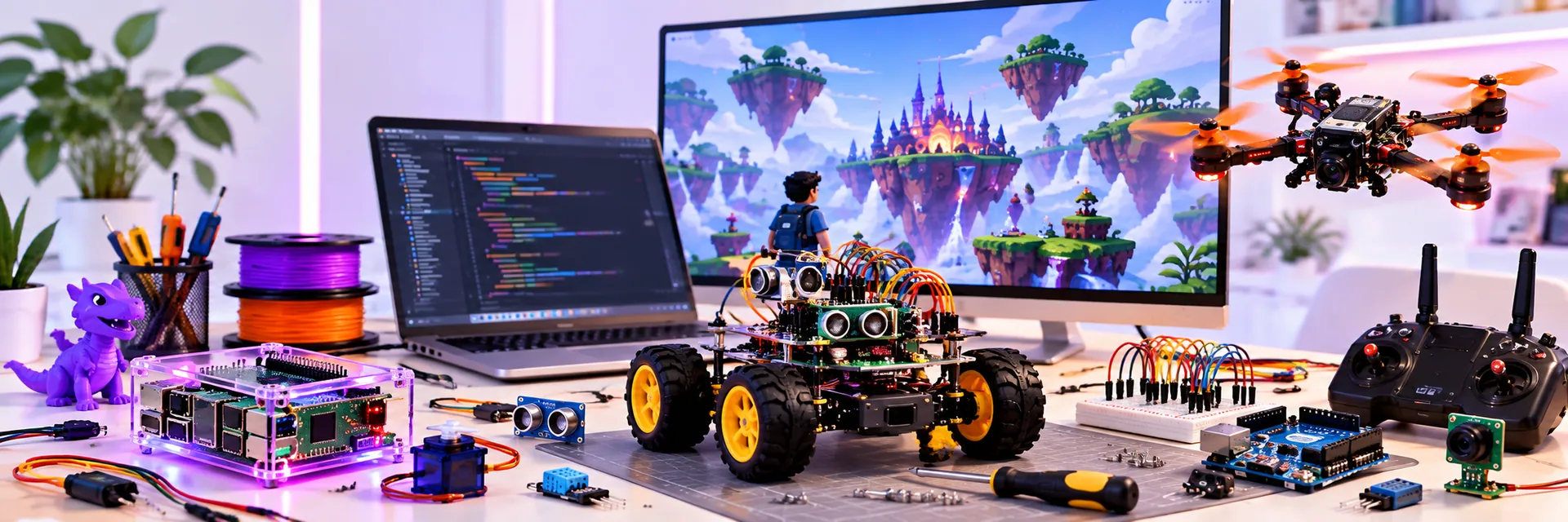 A workstation with electronics, robotics, a drone and a virtual world