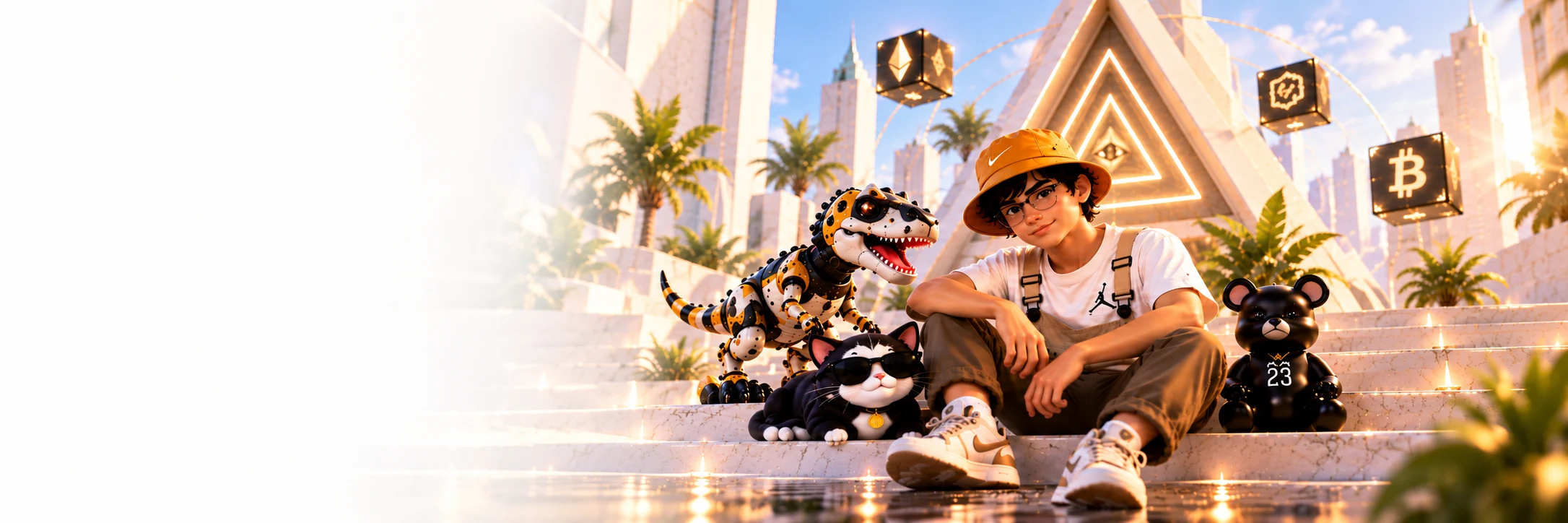 Israel, T-Rex Tech, Cat Lab and Bear 23 together on the steps of a futuristic plaza