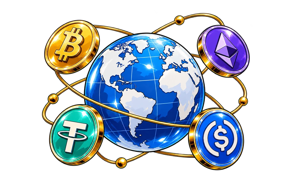 Connected globe with blockchain elements