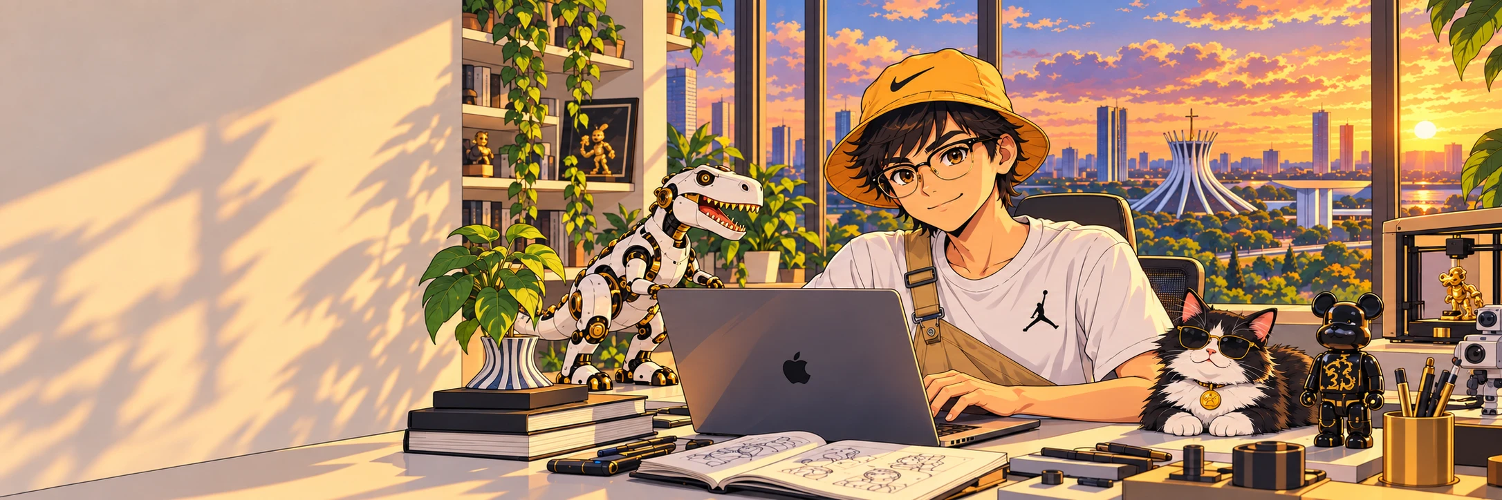 Israel with prescription glasses, laptop and a digital coin in a Web3 composition